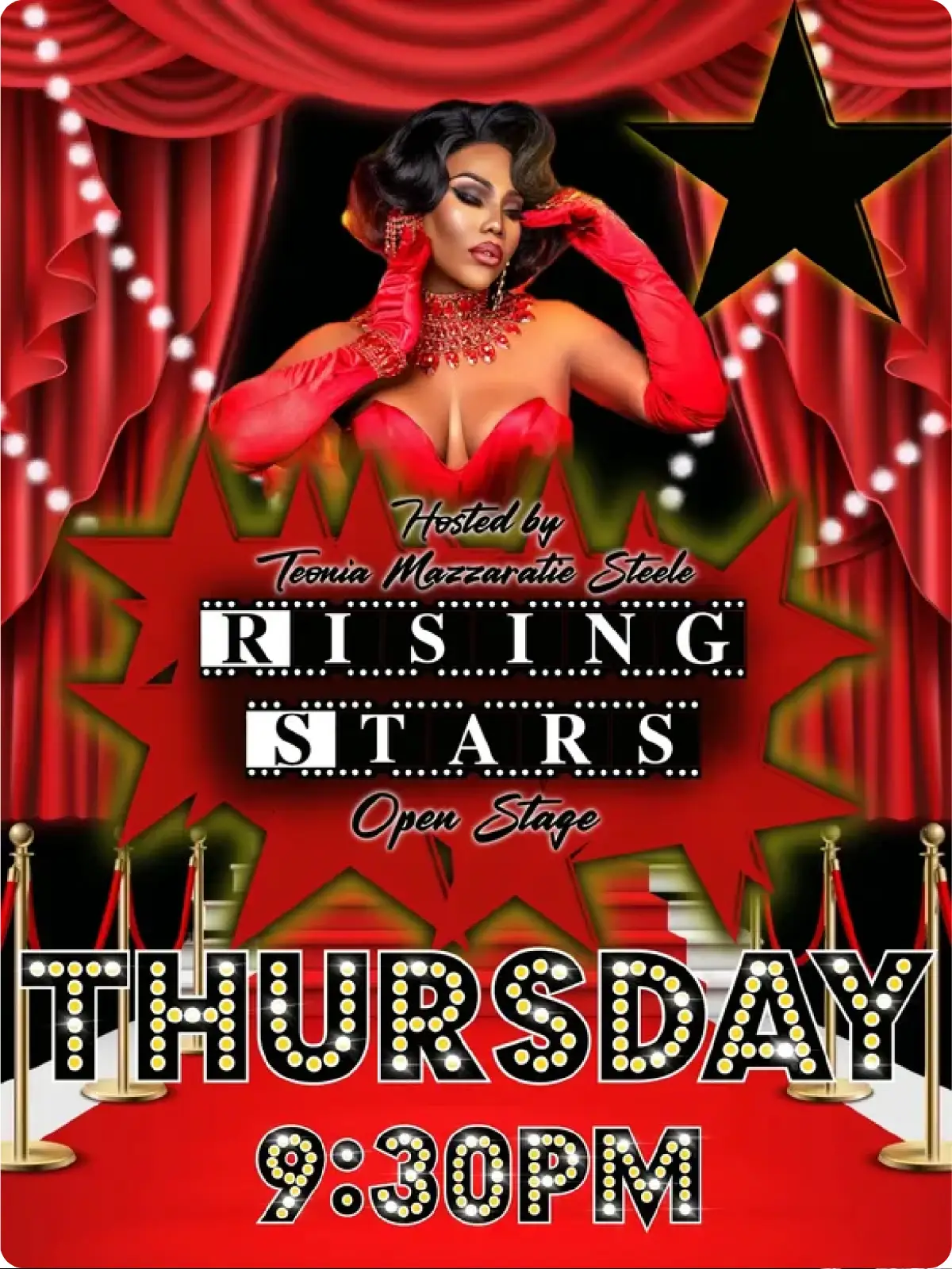 Drag show flyer: Rising Stars Open Stage