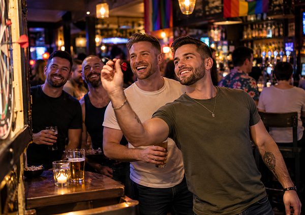 Diverse group of men enjoying darts