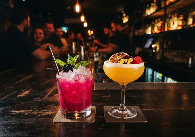 Two cocktails on a bar at night